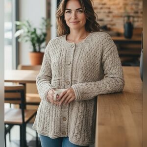 New Kilronan Knitwear Tan Cotton Linen Ireland Cardigan. Large.